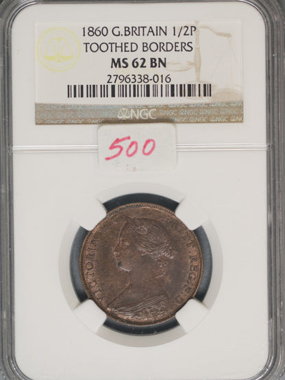 Great Britain 1860 1/2 Penny K-748.2 NGC MS62 BN Toothed