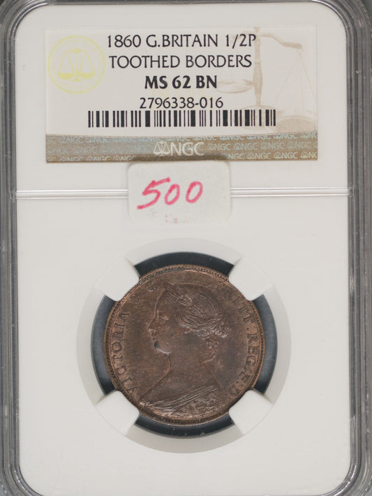Great Britain 1860 1/2 Penny K-748.2 NGC MS62 BN Toothed