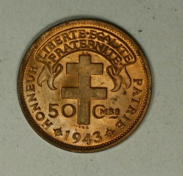 Madagascar 50 Centimes 1943  Red Gem BU   A1972