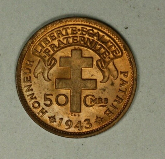 Madagascar 50 Centimes 1943  Red Gem BU   A1972