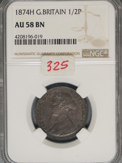 Great Britain 1874H 1/2 Penny K-754 NGC AU58 BN