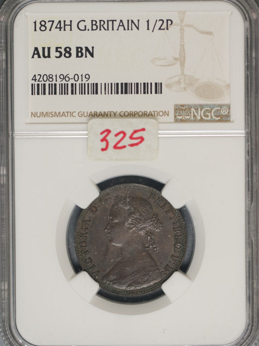 Great Britain 1874H 1/2 Penny K-754 NGC AU58 BN