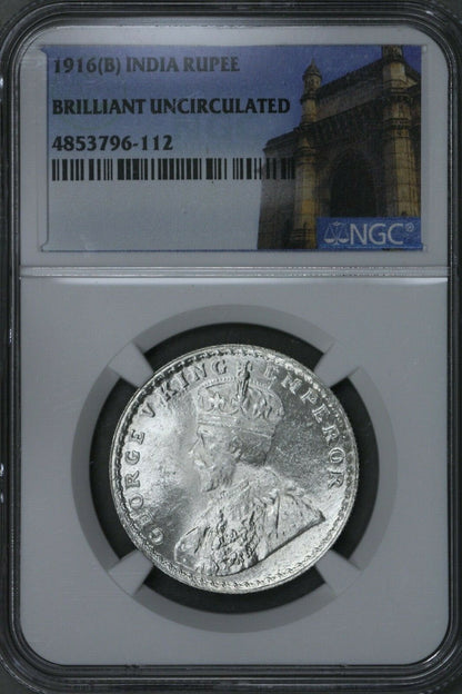 India 1916 B Rupee NGC Brilliant Uncirculated Nice Near Gem S574