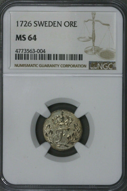 Sweden 1726 Ore  NGC MS 64 TOP POP 1/0   S315