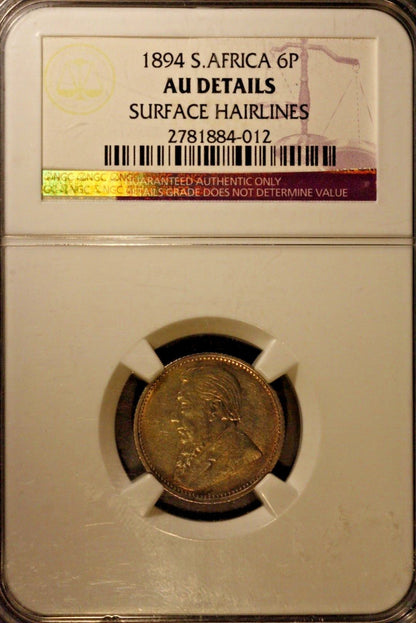 1894 South Africa 6 Pence NGC AU Details Hairlines XF Cat=$400 