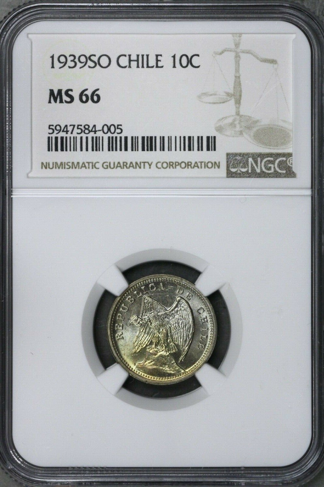 Chile 1939 SO 10 Centavos NGC MS 66 S610