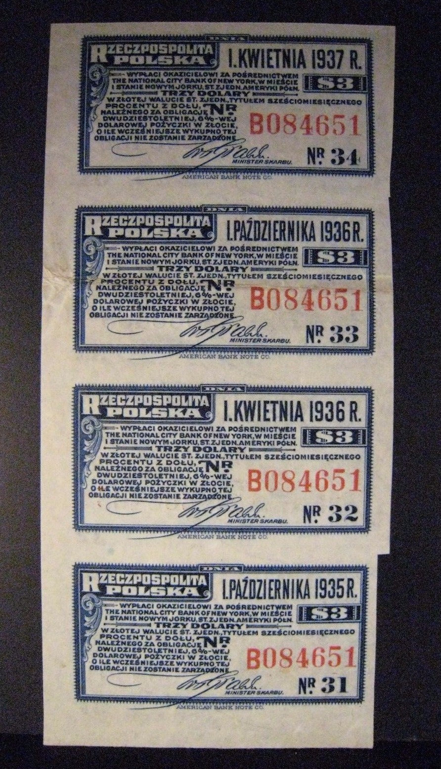 1935-1936 Poland, Republic of, $3 Bond Interest Coupons