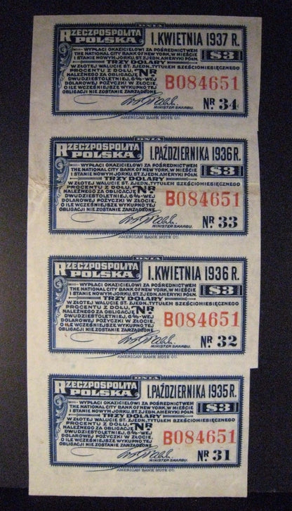 1935-1936 Poland, Republic of, $3 Bond Interest Coupons