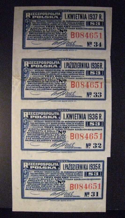 1935-1936 Poland, Republic of, $3 Bond Interest Coupons