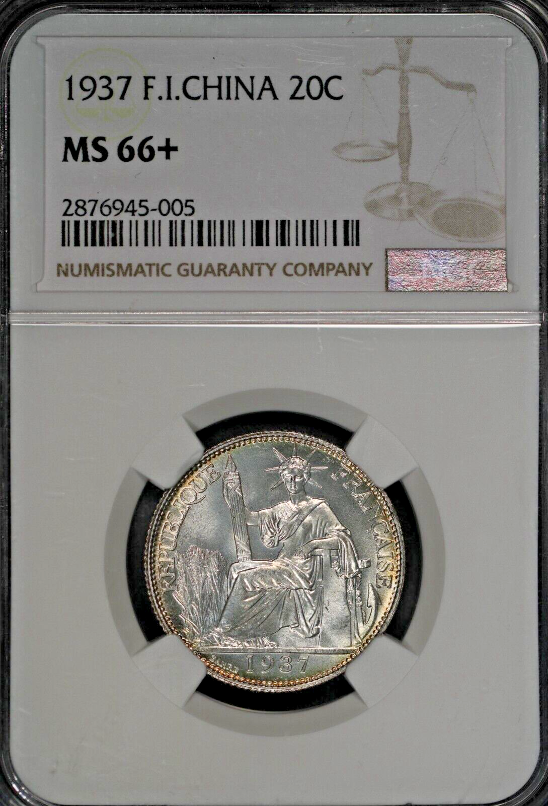 1937 French Indo China 20 Cents NGC MS 66+  S797