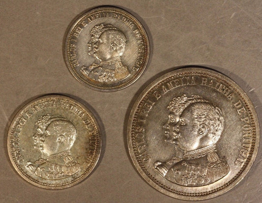1889-1908 Portugal Set of 3 Silver Medals King Carlos/Amelia 