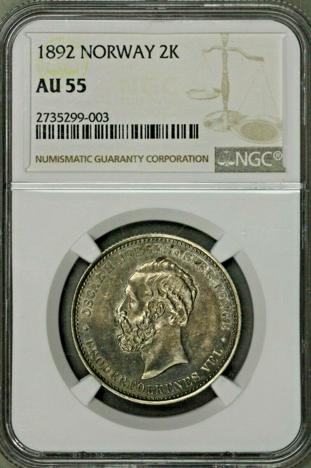 Norway 2 Kroner 1892 NGC AU55   Top Pop!!!   Next Closest is VF !! RARE !!  S182