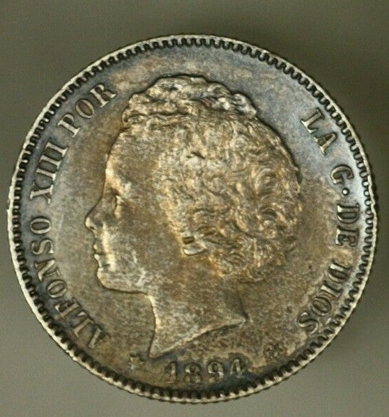 Spain Silver Peseta 1894 (94) AU+  Alfonso XIII    A866