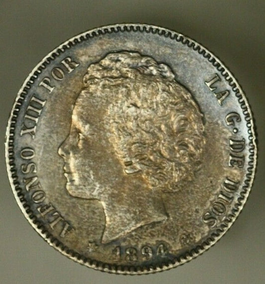 Spain Silver Peseta 1894 (94) AU+  Alfonso XIII    A866