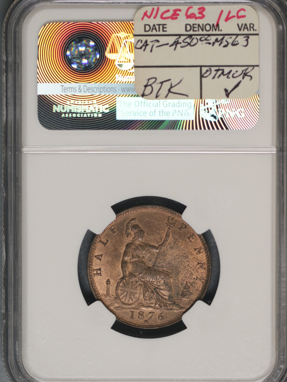Great Britain 1876H 1/2 Penny K-754 NGC MS62 RB SMALL DATE