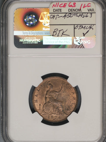 Great Britain 1876H 1/2 Penny K-754 NGC MS62 RB SMALL DATE