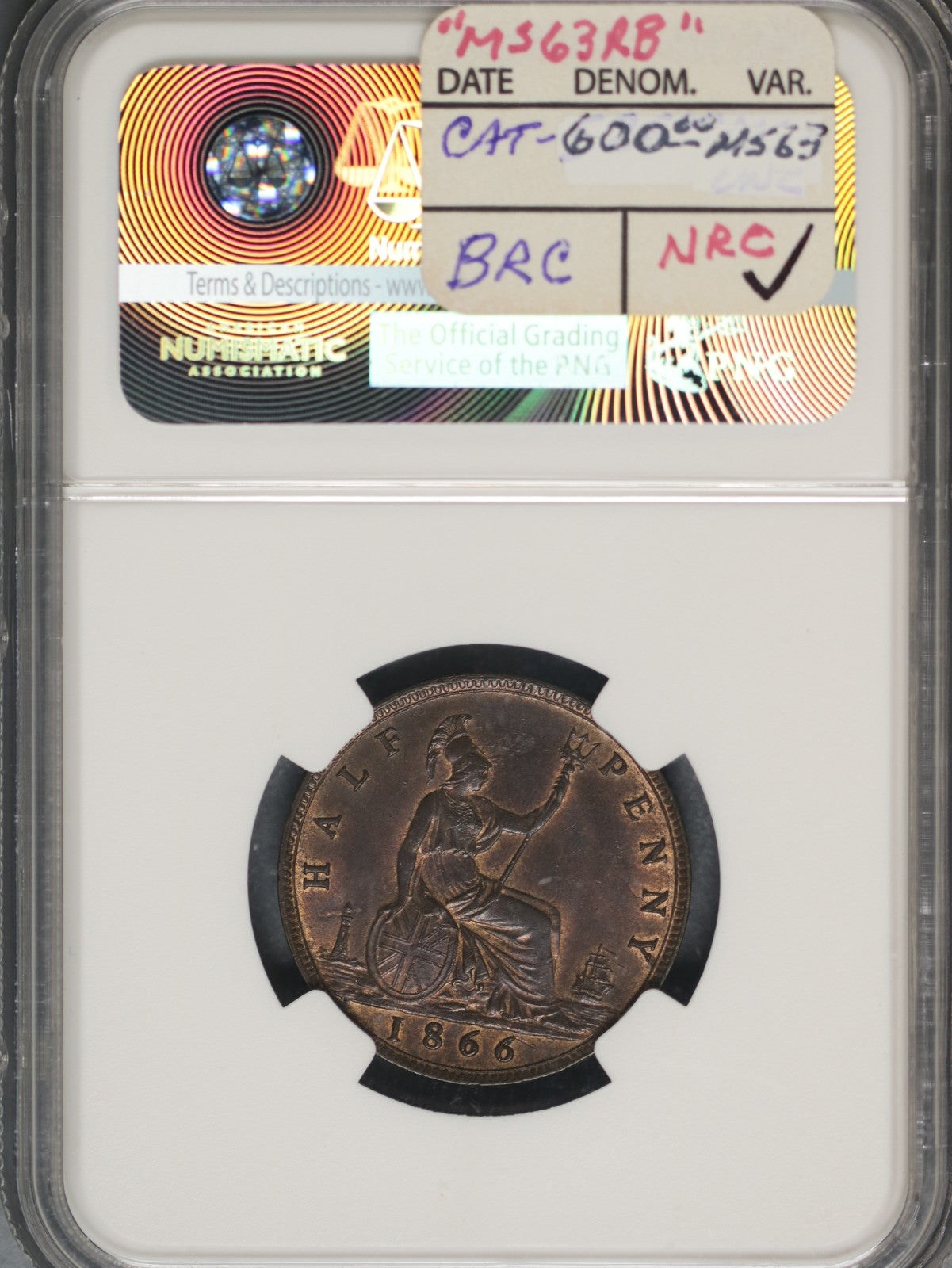 Great Britain 1866 1/2 Penny K-748.2 NGC MS62 BN