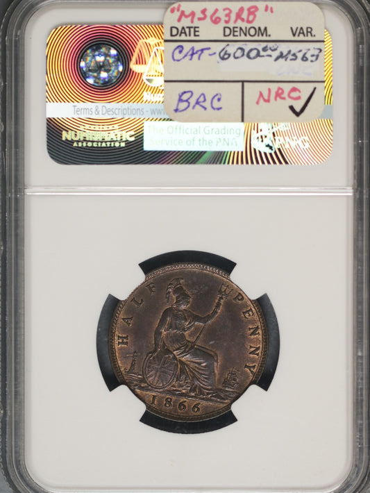 Great Britain 1866 1/2 Penny K-748.2 NGC MS62 BN