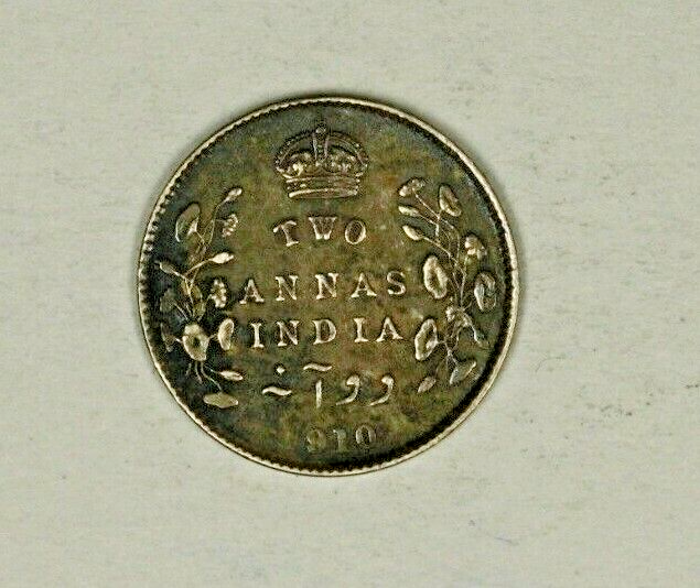 British India Silver 2 Annas 1910  Toned AU    A1222