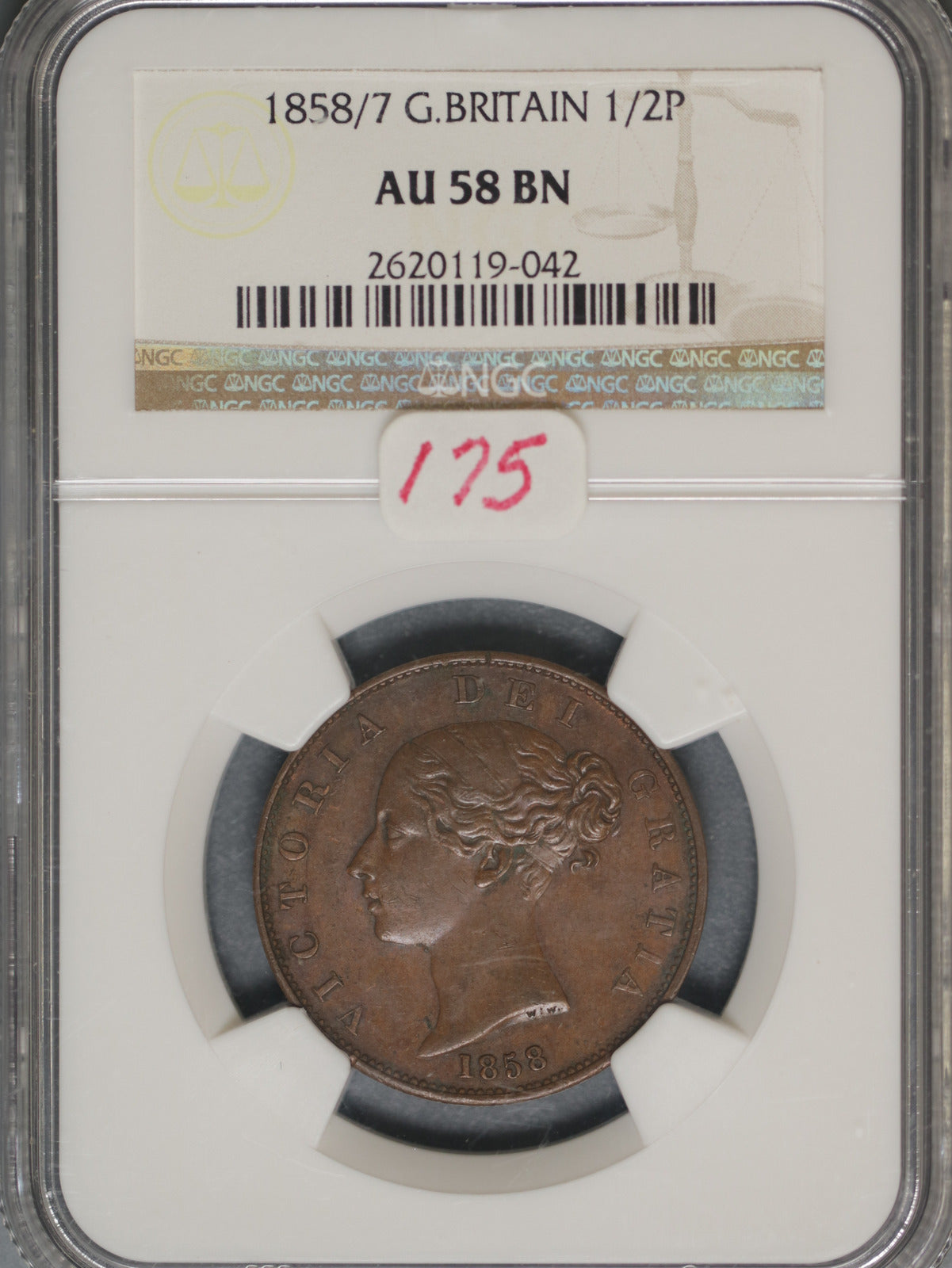 Great Britain 1858/7 1/2 Penny K-726 NGC AU58 BN