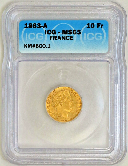France 1863-A 10 Francs Gold KM# 800.1 (ICG) MS65 D051