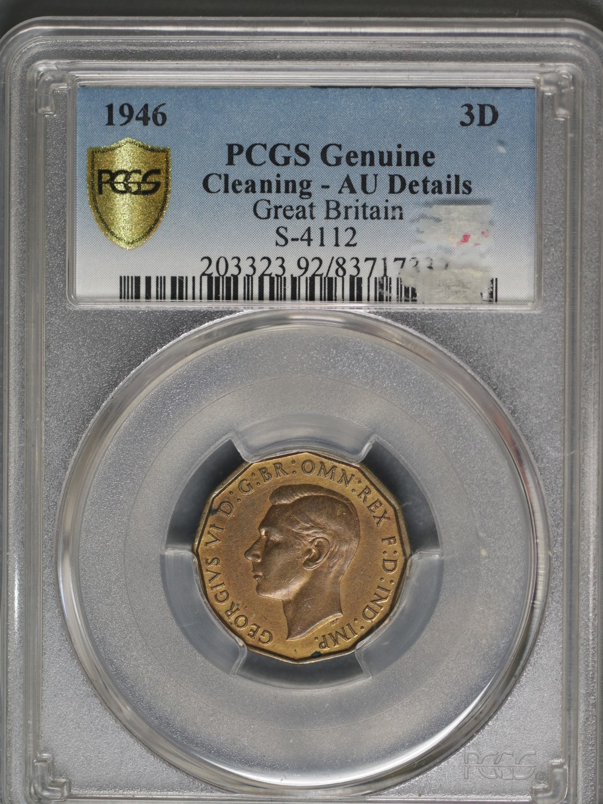Great Britain 1946 3 Pence K-849 PCGS AU Details Cleaning Key Date
