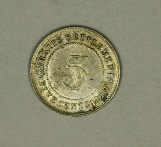 Straits Settlements Silver 5 Cents 1910  AU   Edward VII   A888