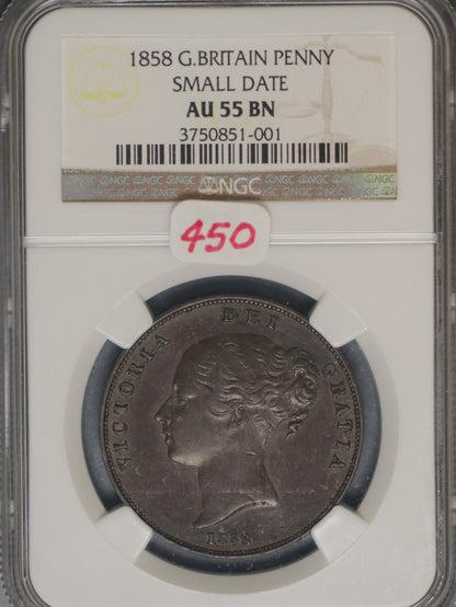 Great Britain 1858 Penny K-739 NGC AU55 BN SMALL DATE