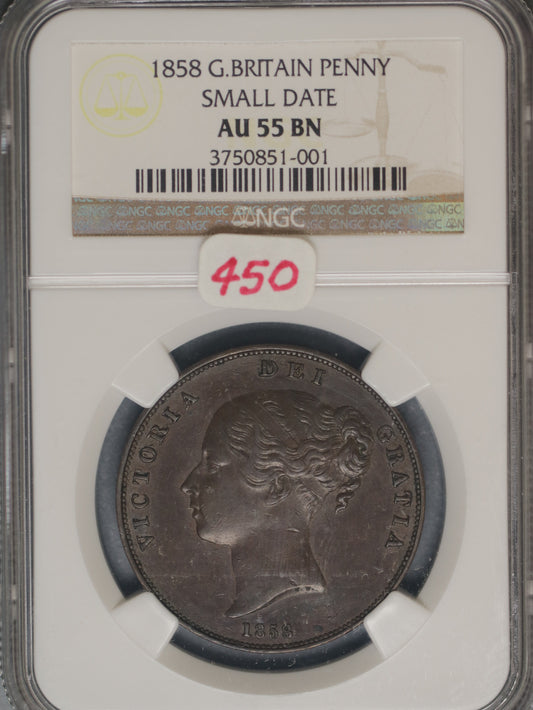 Great Britain 1858 Penny K-739 NGC AU55 BN SMALL DATE