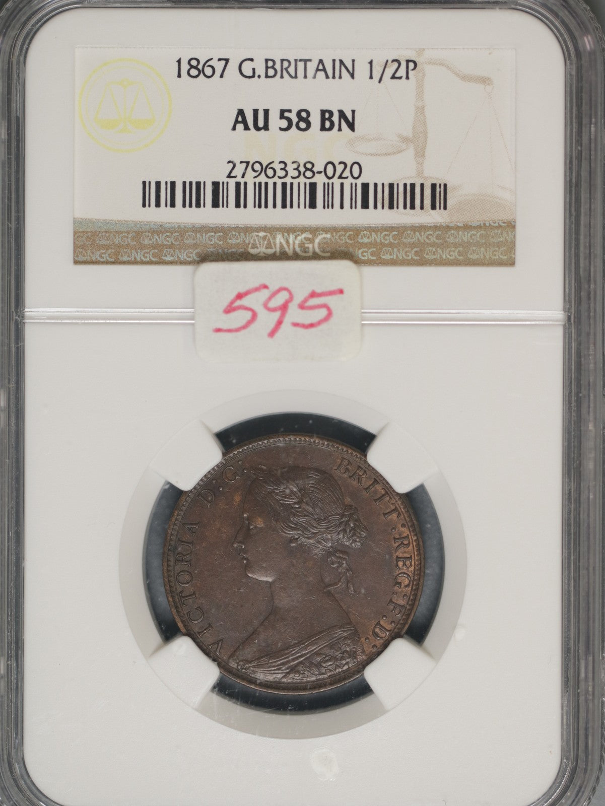 Great Britain 1867 1/2 Penny K-748.2 NGC AU58 BN