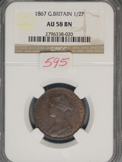 Great Britain 1867 1/2 Penny K-748.2 NGC AU58 BN