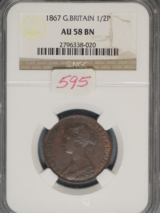 Great Britain 1867 1/2 Penny K-748.2 NGC AU58 BN