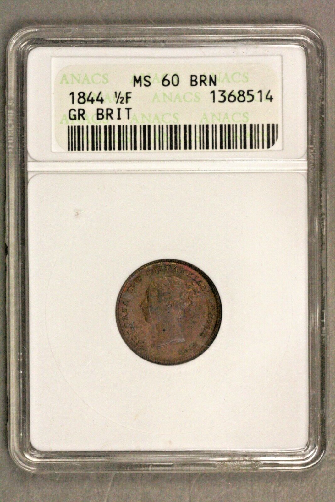 Great Britain 1844  1/2 Half Farthing Nice Coin  ANACS MS 60 