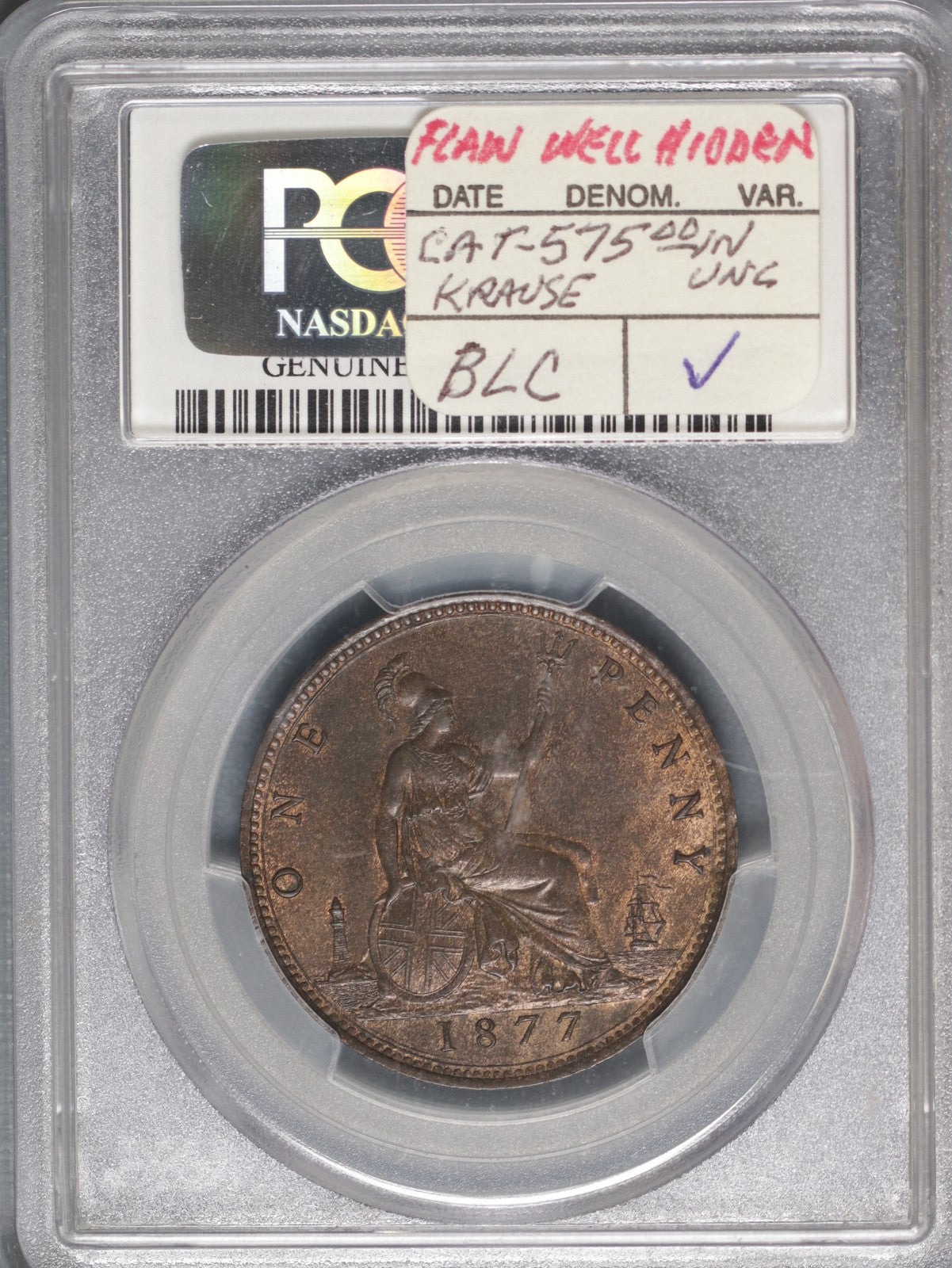 Great Britain 1877 Penny K-755 PCGS UNC Details Planchet Flaw