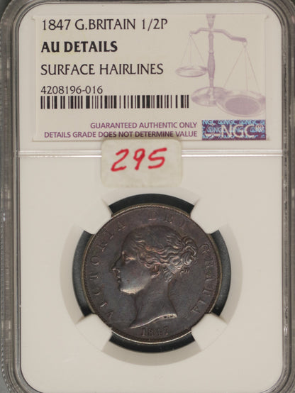 Great Britain 1847 1/2 Penny K-726 NGC AU DETAILS Surface Hairlines