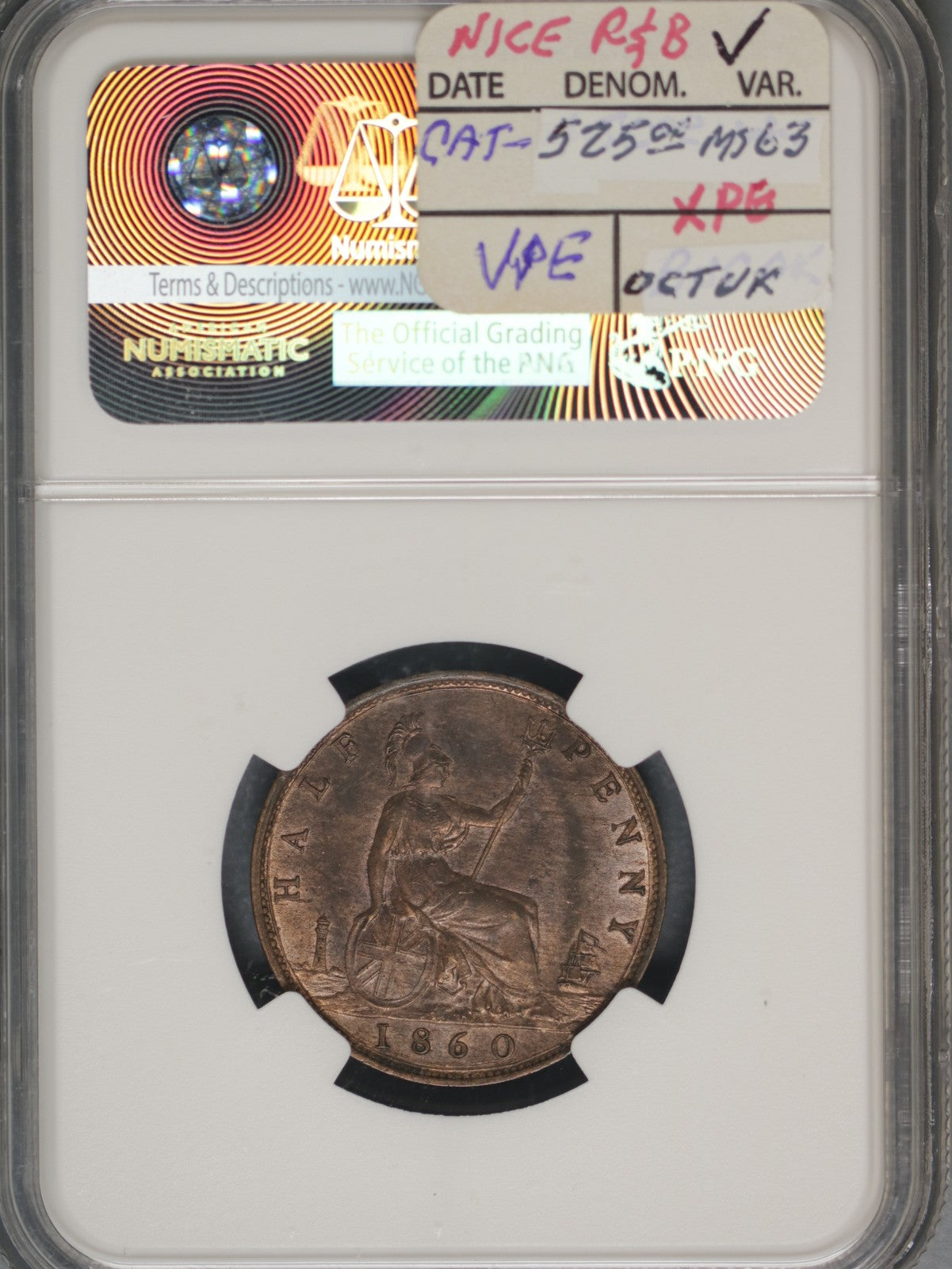 Great Britain 1860 1/2 Penny K-748.2 NGC MS62 BN Toothed
