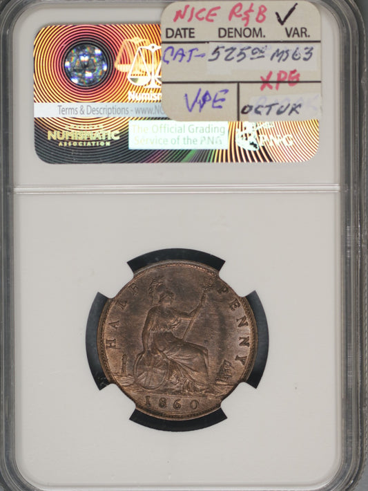 Great Britain 1860 1/2 Penny K-748.2 NGC MS62 BN Toothed