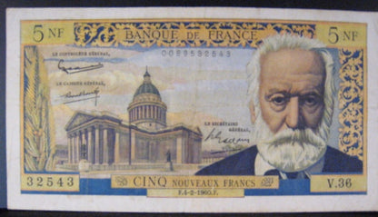 1960 France, Bank of  5 New Francs P-141a Few Pinholes  
