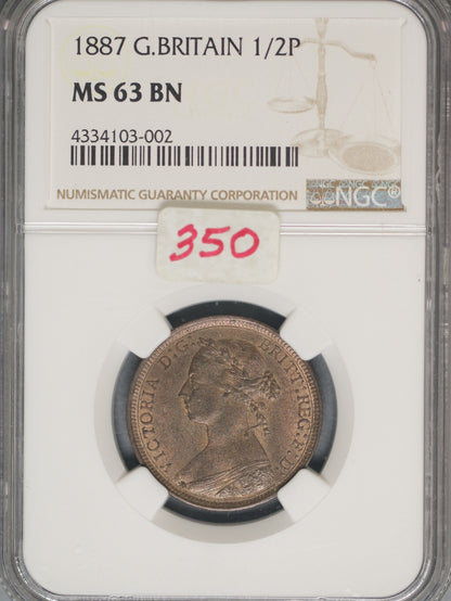 Great Britain 1887 1/2 Penny K-754 NGC MS63 BN