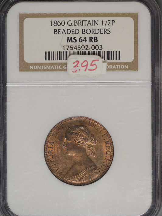 Great Britain 1860 1/2 Penny K-748.2 NGC MS64 RB Beaded
