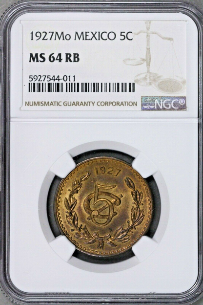 Mexico 1927 Mo 5 Centavos NGC MS 64 RB Rare Quality S708