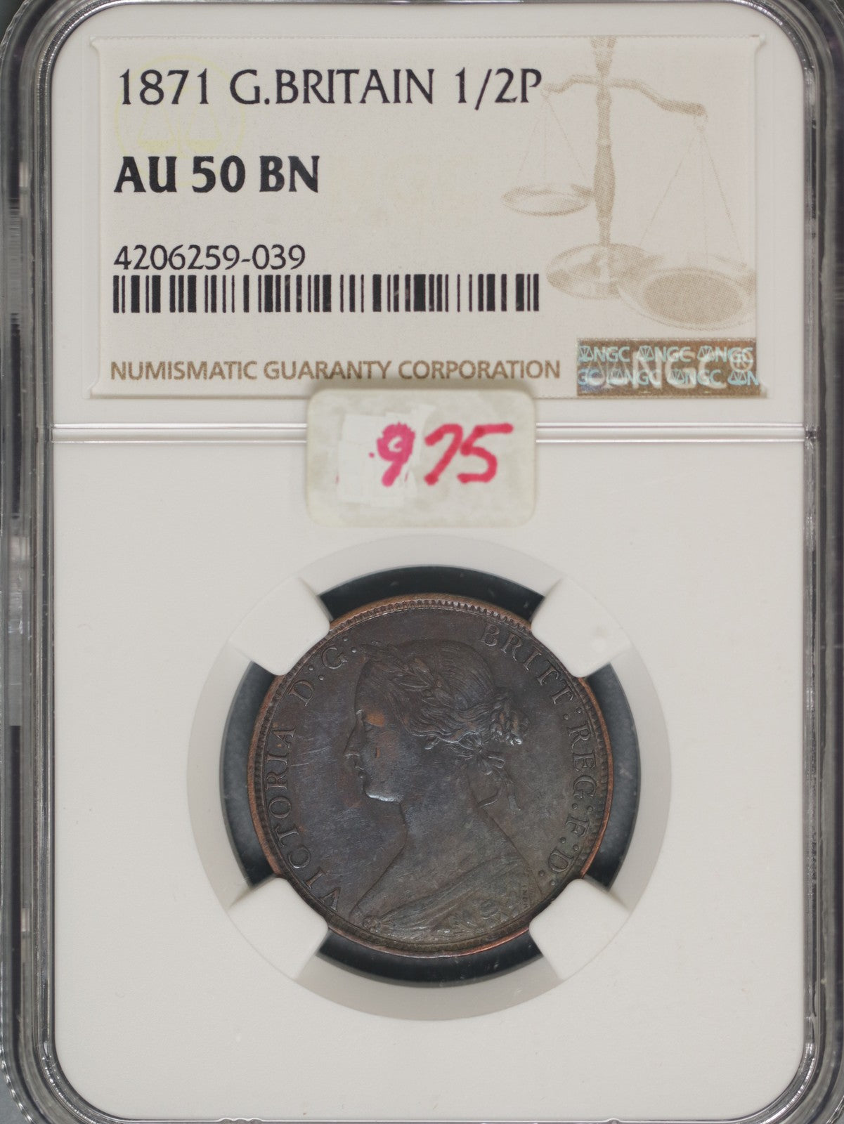 Great Britain 1871 1/2 Penny K-748.2 NGC AU50 BN