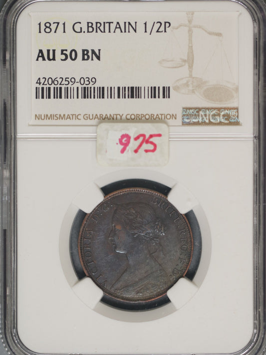 Great Britain 1871 1/2 Penny K-748.2 NGC AU50 BN