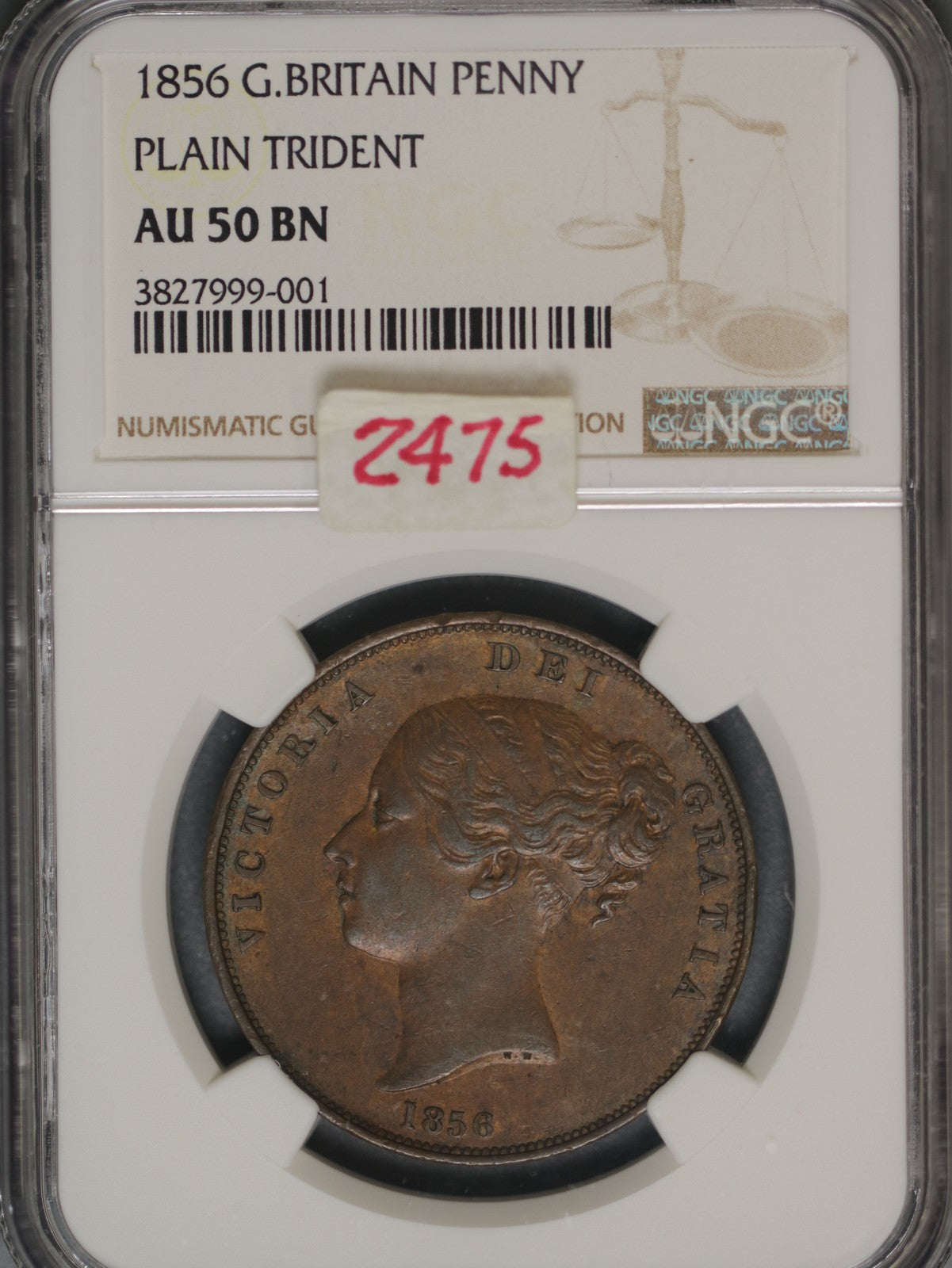 Great Britain 1856 Penny K-739 NGC AU 50 BN PLAIN TRIDENT VERY RARE