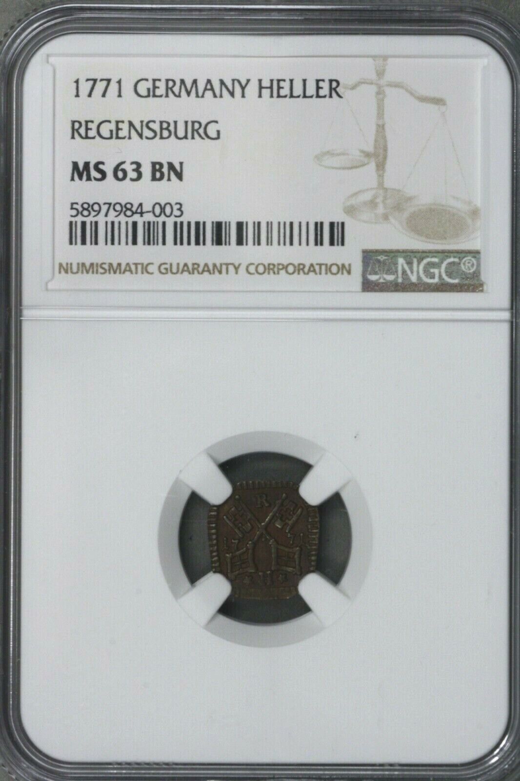 Germany Regensburg 1771 Heller  NGC MS 62 BN  S286