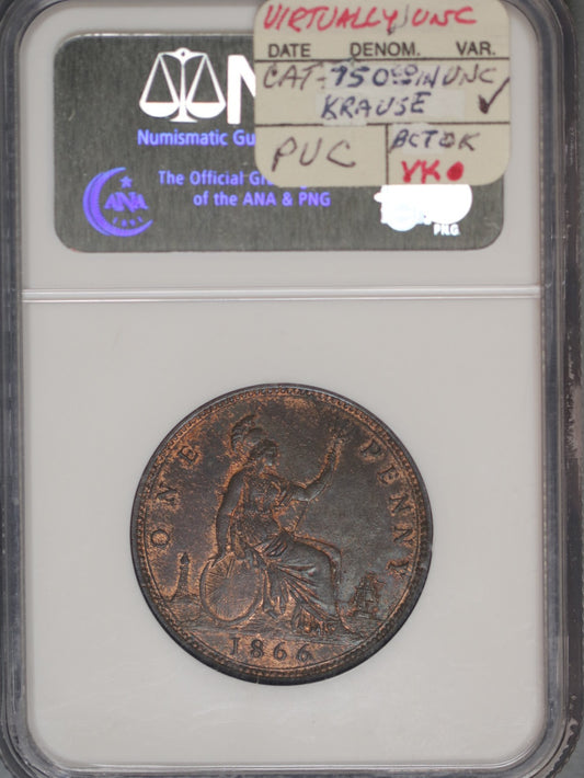 Great Britain 1866 Penny K-749.2 NGC AU58 BN