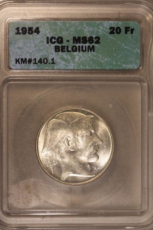1954 Belgium 20 Francs ICG MS 62 Uncirculated  