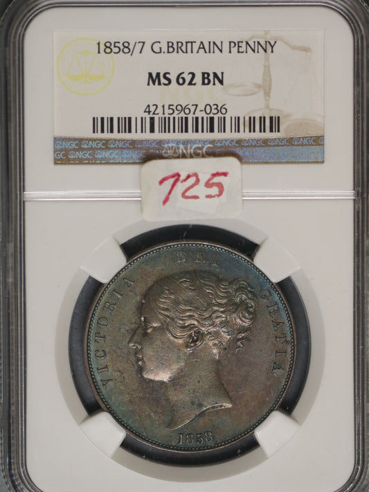 Great Britain 1858/7 Penny K-739 NGC MS62 BN