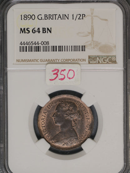 Great Britain 1890 1/2 Penny K-754 NGC MS64 BN