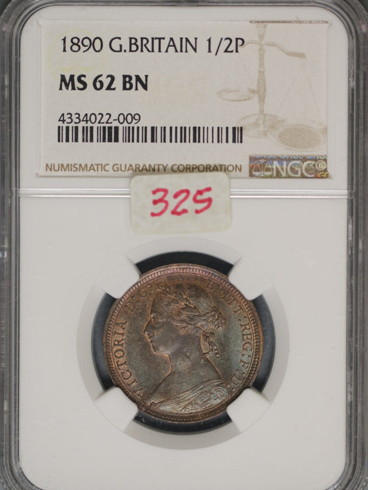 Great Britain 1890 1/2 Penny K-754 NGC MS62 BN